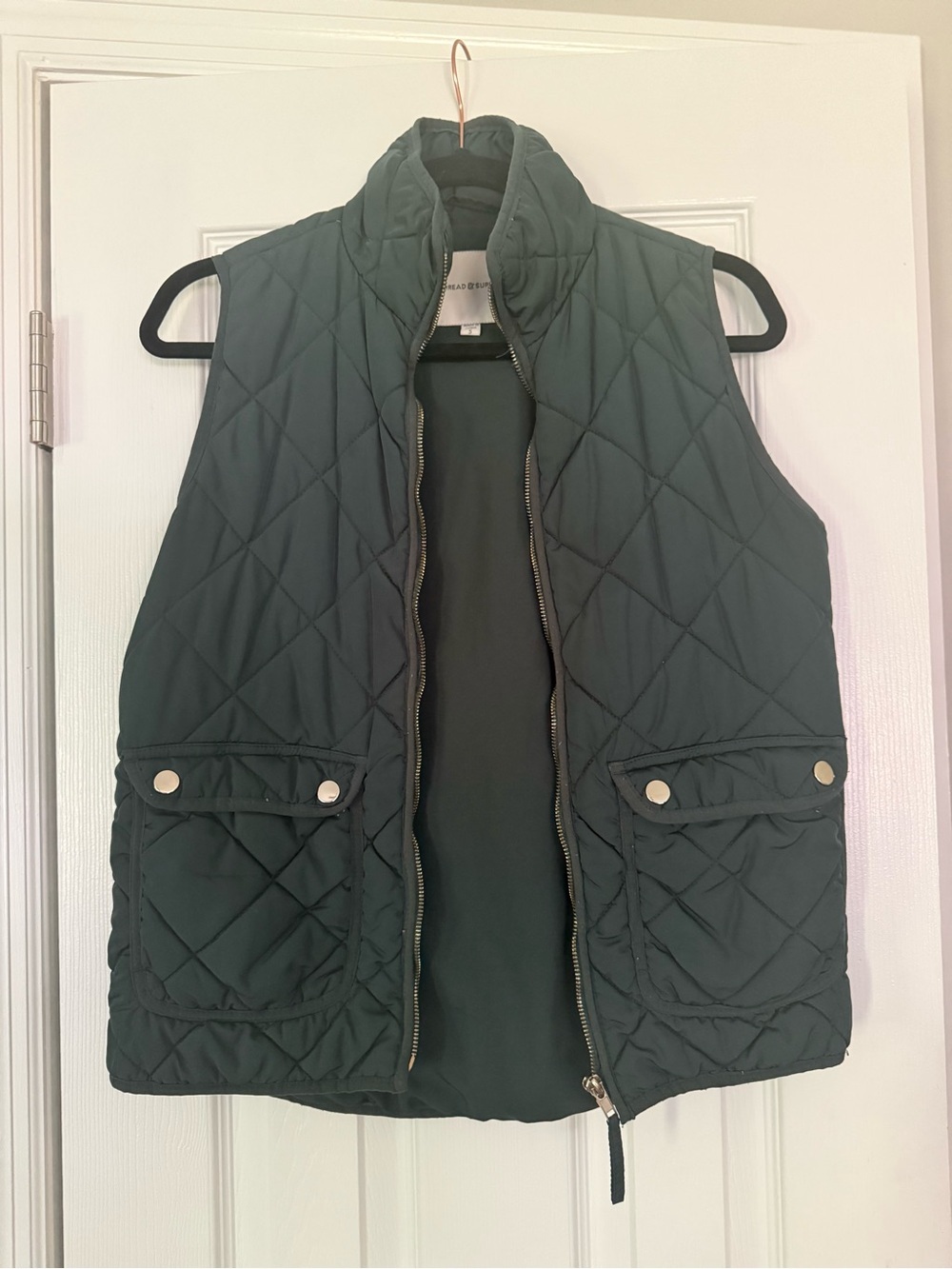 Thread & Supply Quilted Puffer Vest in Forest Green with Gold Zipper